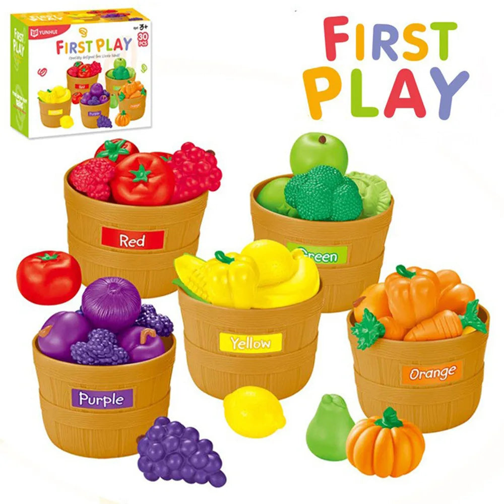 30 Pieces Color Sorting Kitchen Pretend Play Food Toy Set -Fruit&Vegetable Shapes Educational Learning Toy ,Toddlers , Kids gift