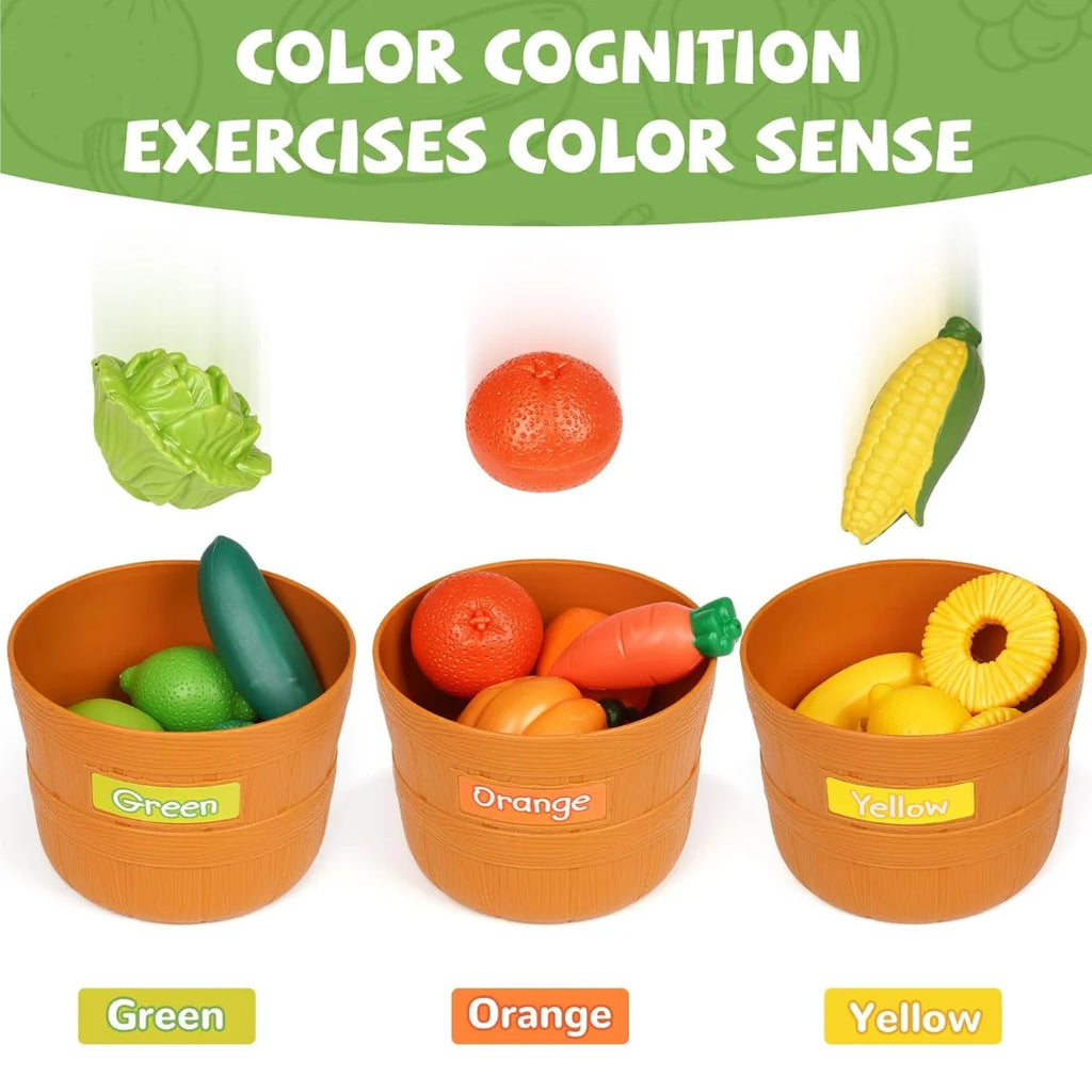 30 Pieces Color Sorting Kitchen Pretend Play Food Toy Set -Fruit&Vegetable Shapes Educational Learning Toy ,Toddlers , Kids gift